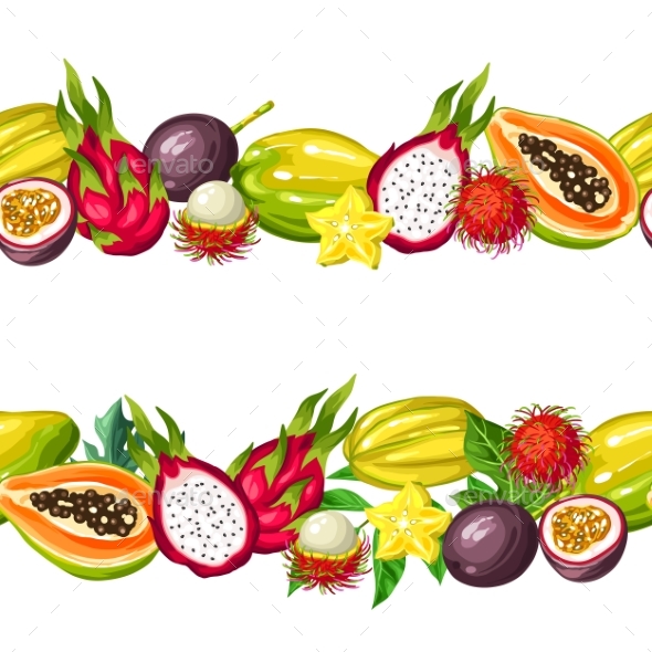 Seamless Border with Exotic Tropical Fruits