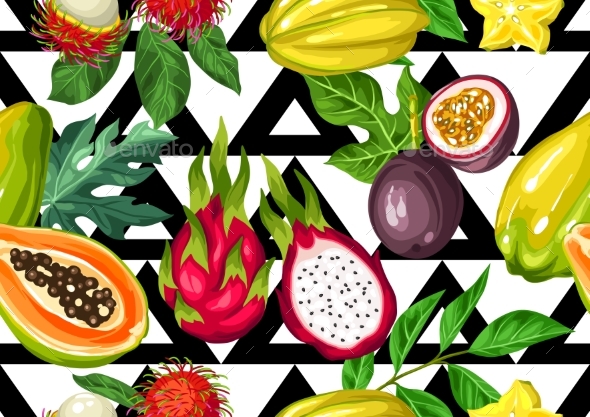 Seamless Pattern with Exotic Tropical Fruits