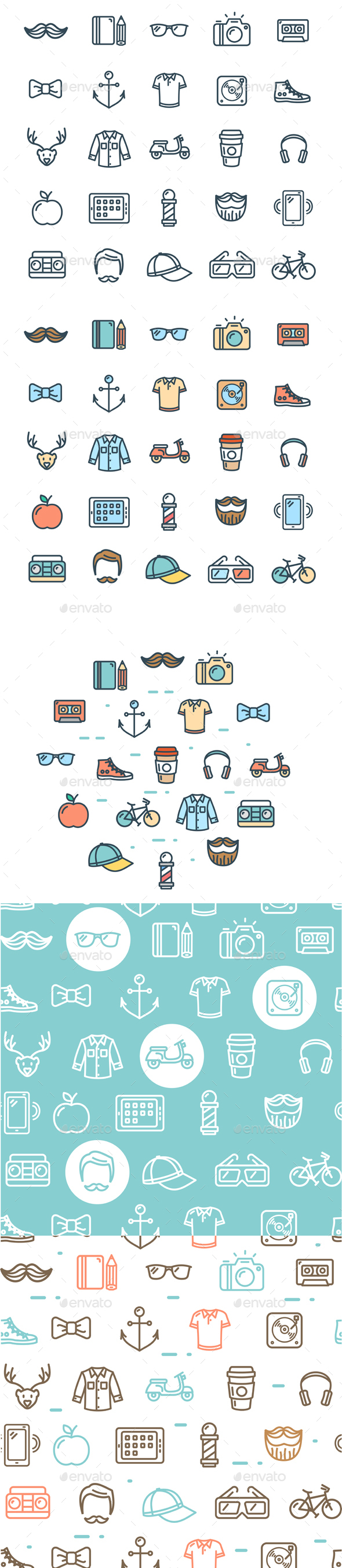 Hipster Thin Line Icon and Pattern Background Set