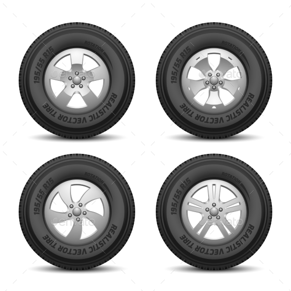 Truck and Car Wheels with Tires and Disk Vector