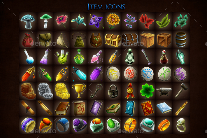 Fantasy RPG UI with 150 Item Icons and 182 Skill Icons by craftpix_net