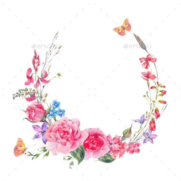 Watercolor Wreath with Wildflowers and Roses