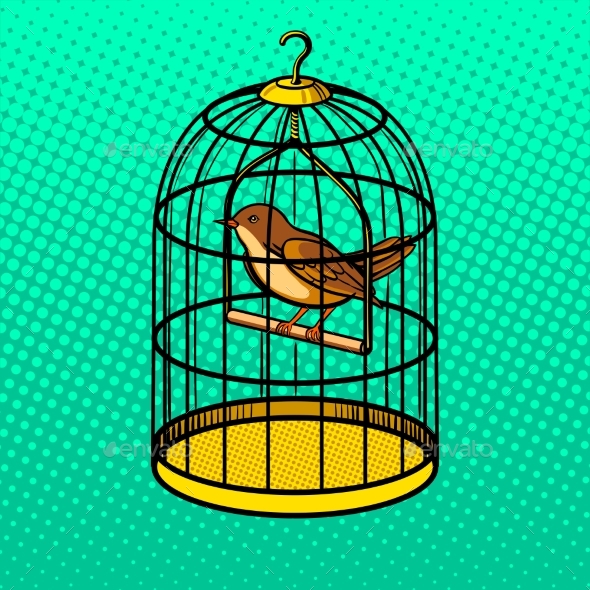 Bird in Cage Pop Art Style Vector Illustration