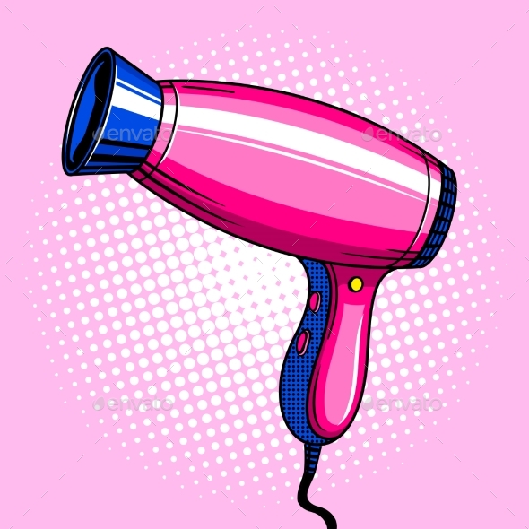 Hair Dryer Pink Color Pop Art Style Vector