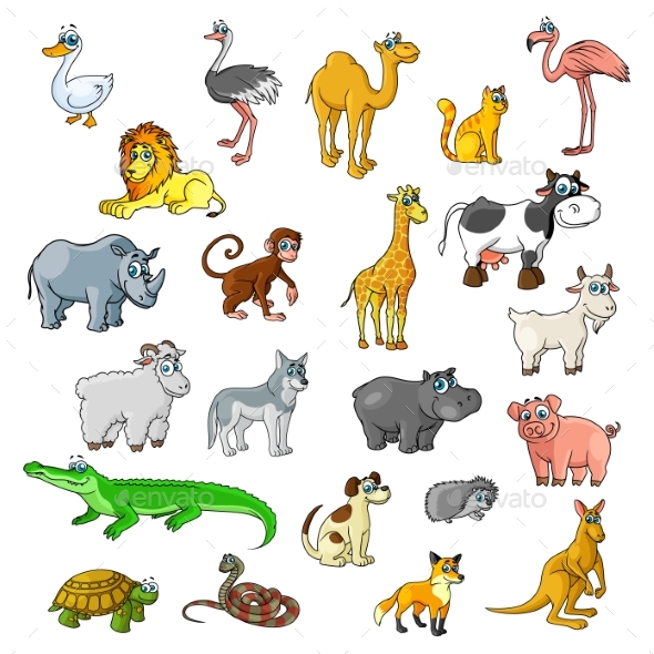 Zoo Animals with Birds and Pets Vector Cartoon Icons