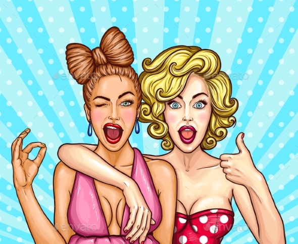 Vector Pop Art Illustration of Two Young Glamorous