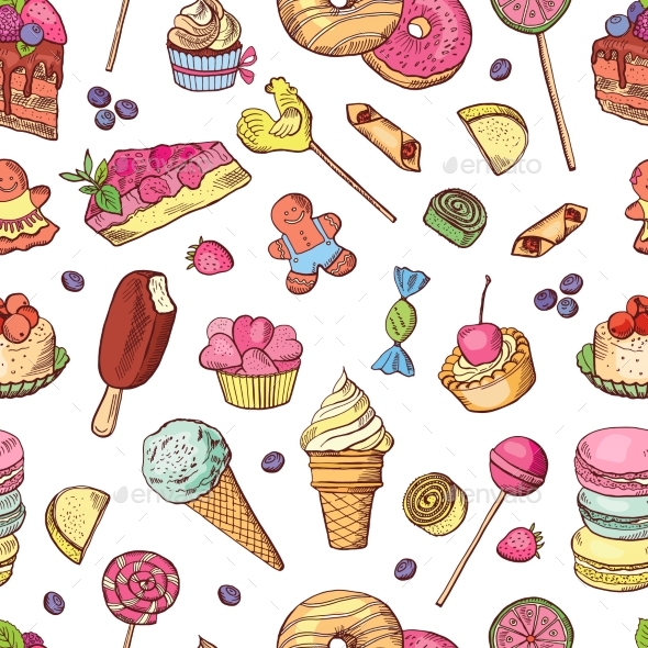 Vector Seamless Pattern of Candies, Ice Cream