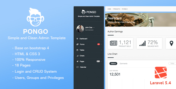 Pongo - Laravel Admin Template + User Management + CRUD