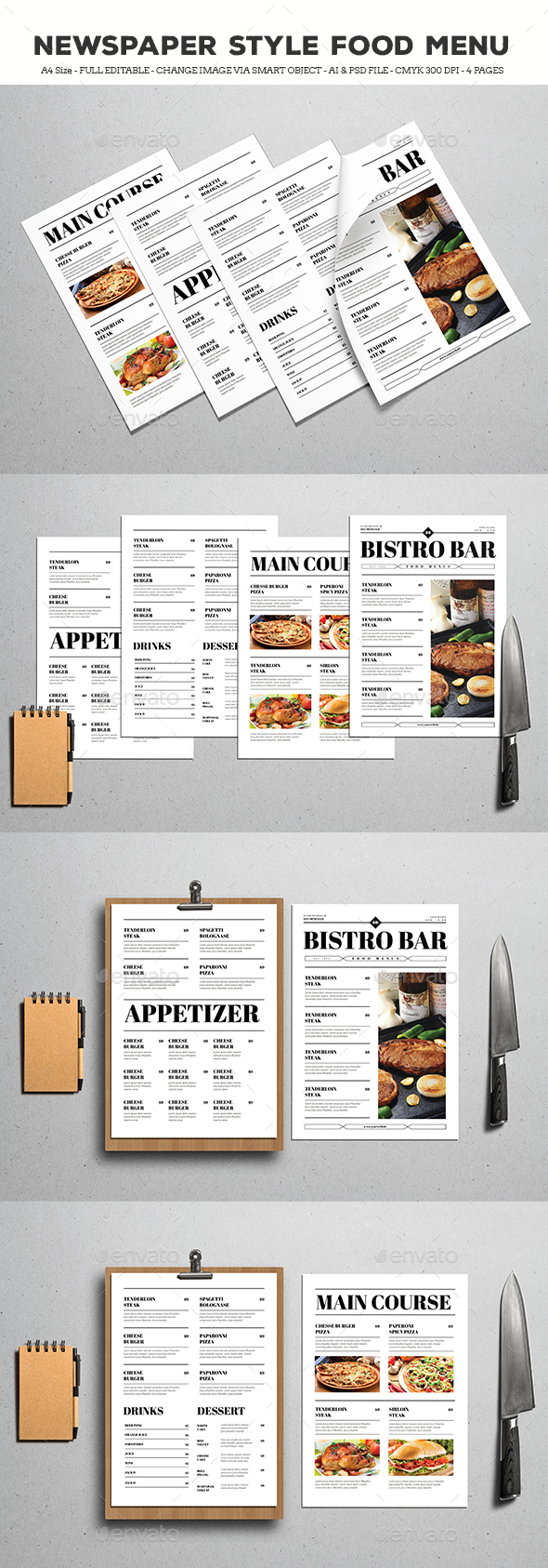 Newspaper Style Food Menus