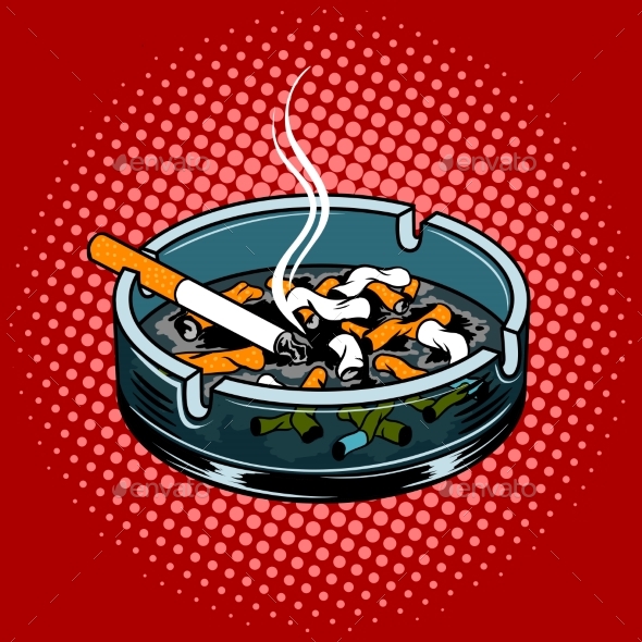 Ashtray with Cigarette Butts Pop Art Style Vector