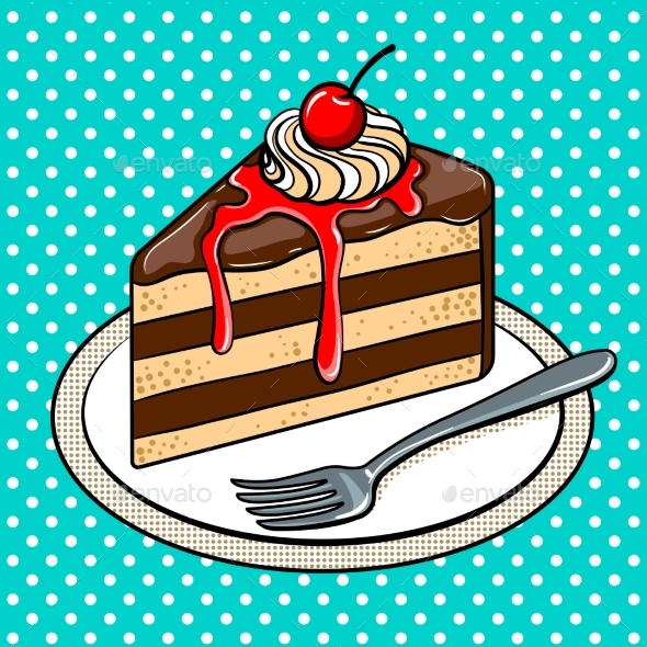 Slice of Cake on Plate Pop Art Vector Illustration