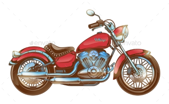 Hand-drawn Red Vintage Motorcycle Classic Chopper