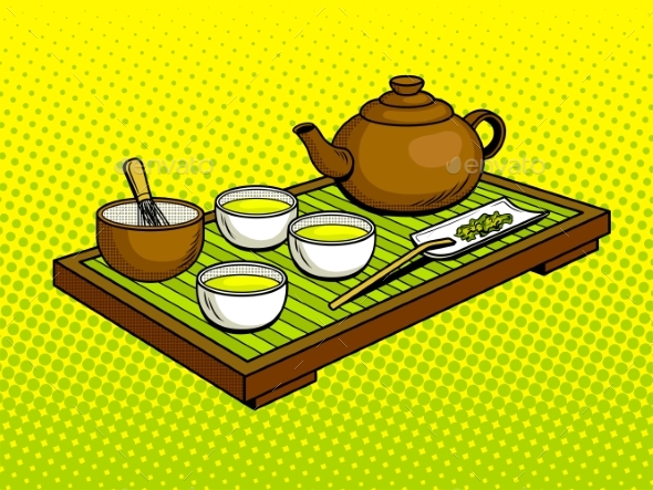 Set for Tea Ceremony Pop Art Vector Illustration