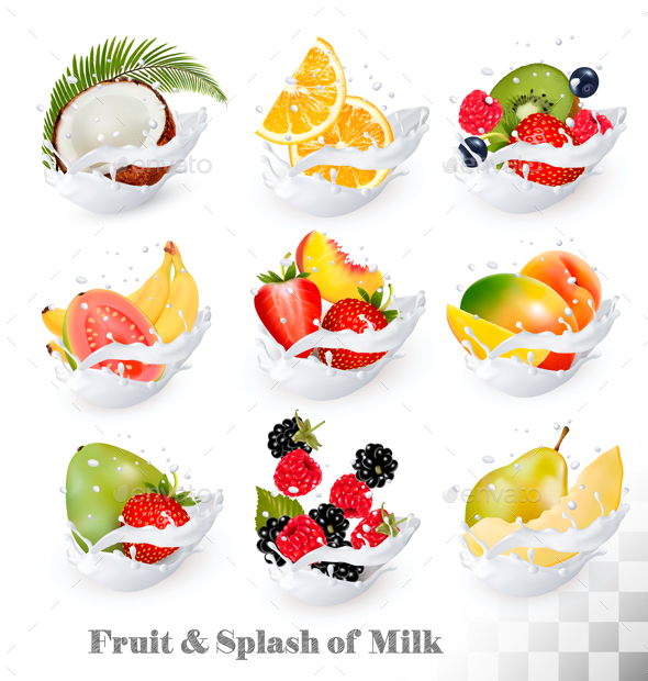 Big Collection Icons Of Fruit In A Milk Splash
