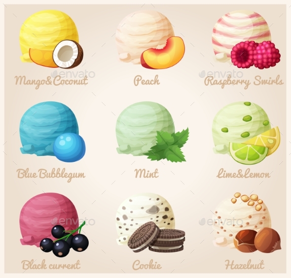 Set of Cartoon Vector Icons. Ice Cream Scoops