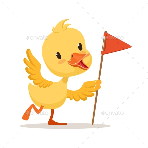 Yellow Cartoon Duckling Holding Red Flag