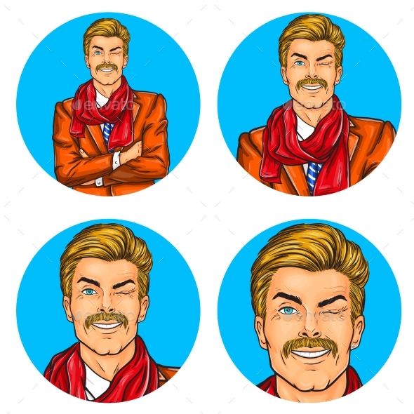 Set of Vector Illustration, Mens Pop Art Round