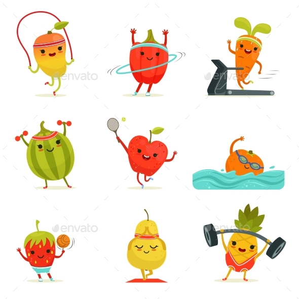 Funny Fruits Make Fitness Exercises. Vector