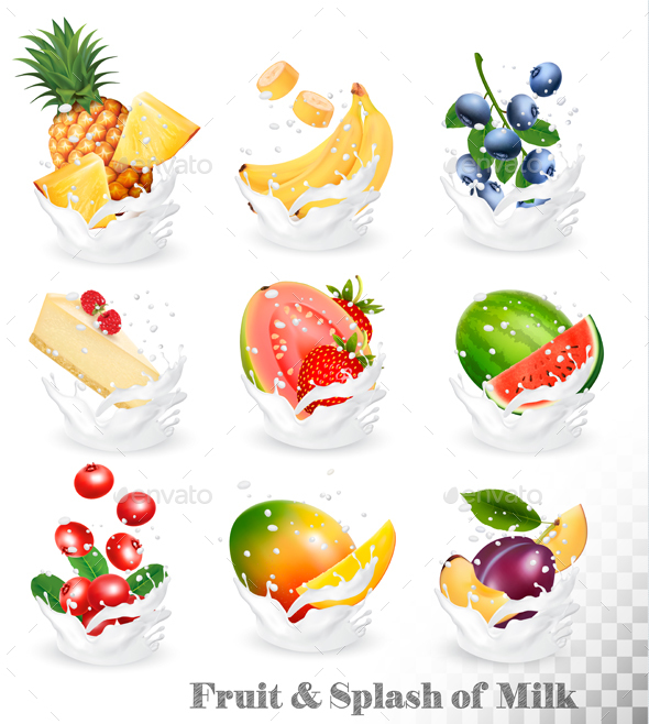 Big Collection Icons Of Fruit In A Milk Splash