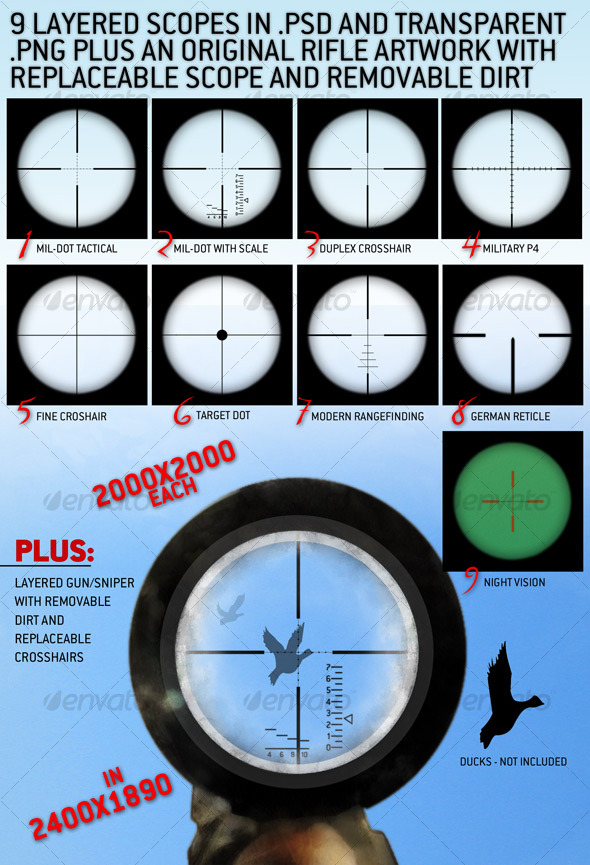 9 Layered Rifle Scopes set and a rifle view. - Miscellaneous Graphics