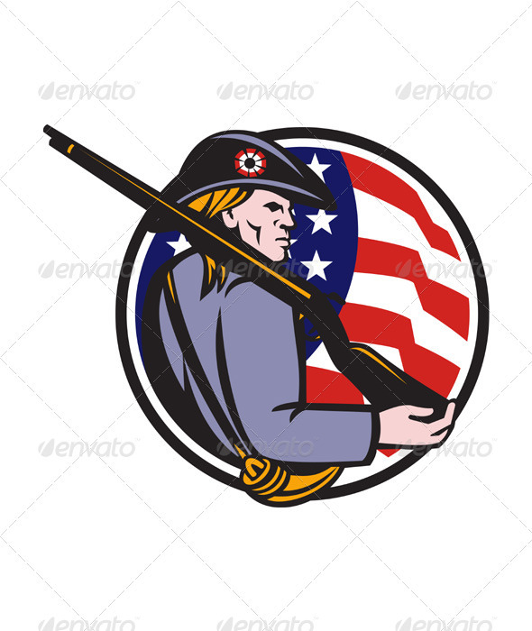 American Patriot Minuteman With Rifle And Flag