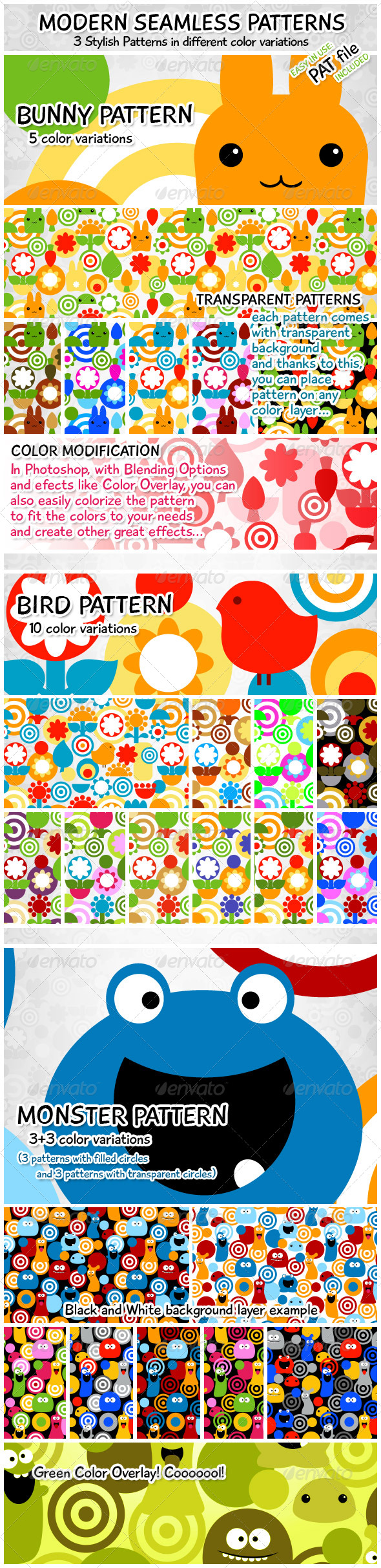 Modern Seamless Patterns – Bird, Bunny, Monster - Miscellaneous Textures / Fills / Patterns