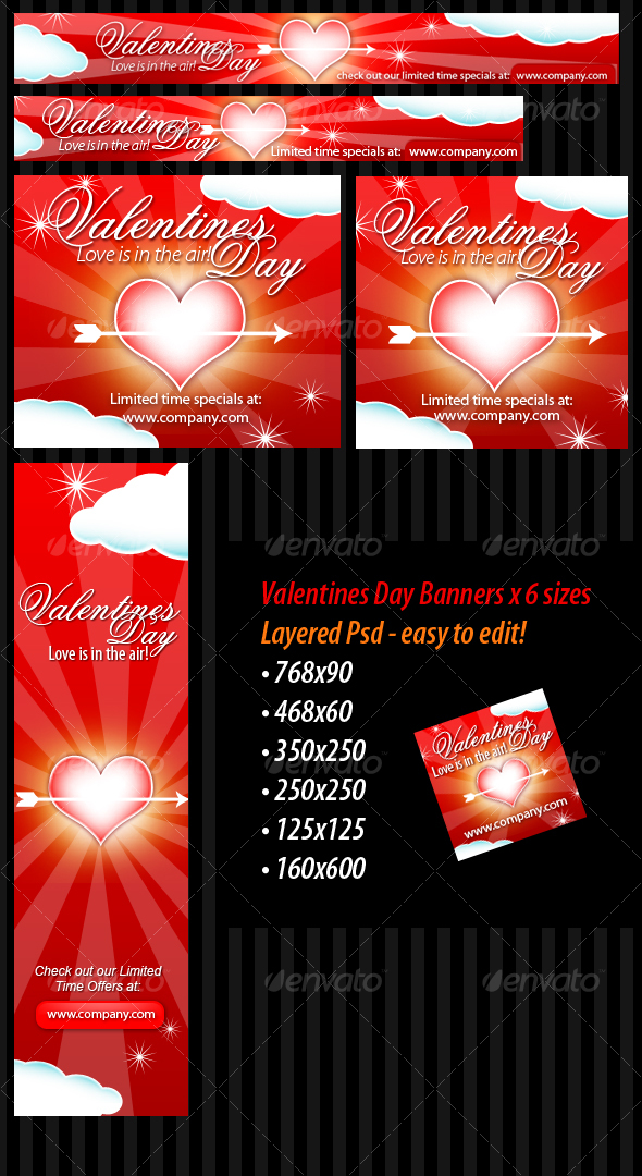Valentines Day Banners - 6 sizes - Layered PSD