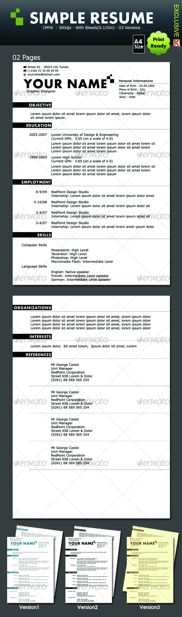 Simple Resume (02 pages & 03 versions) - Resumes Stationery