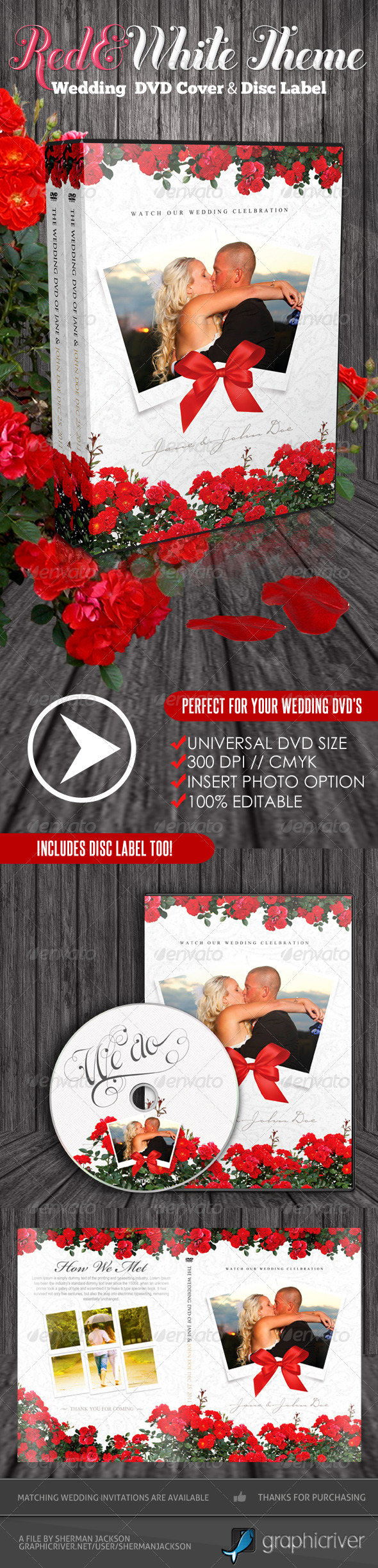 Red & White Theme Wedding DVD & Disc Label