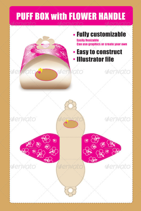 Puff Box Template with Flower Handle - Packaging Print Templates