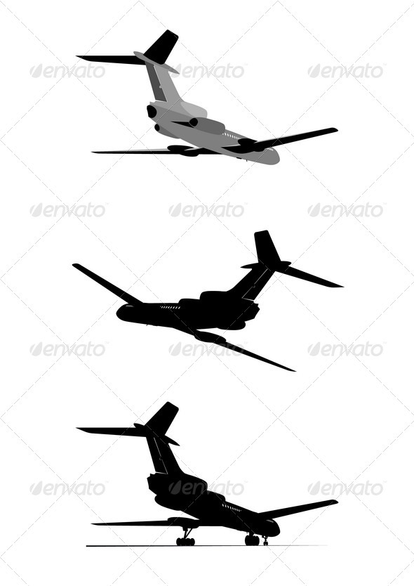 Silhouette of Passenger Jetliner Set