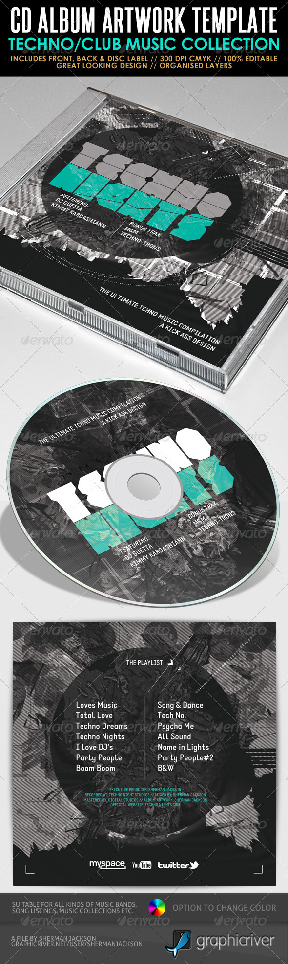 Techno Nights Mixtape CD Artwork PSD Template - CD & DVD artwork Print Templates