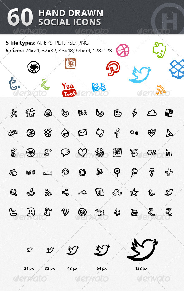 60 Hand Drawn Social Icons - Web Icons