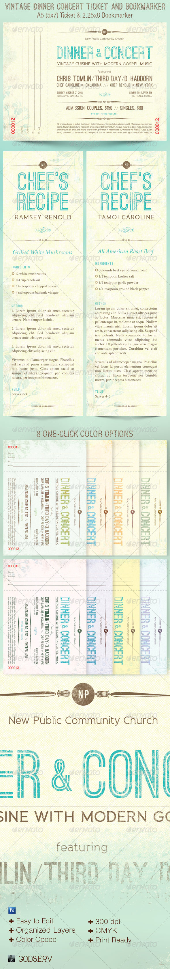 Vintage Dinner Concert Ticket and Bookmarker - Miscellaneous Print Templates