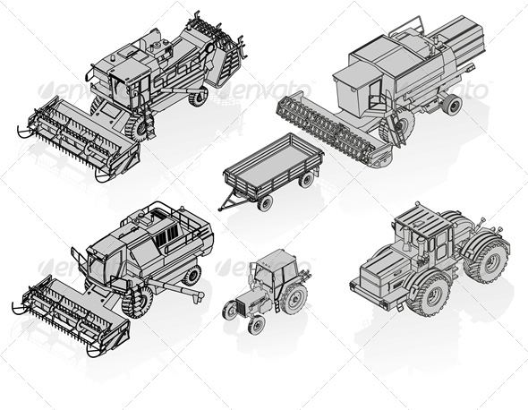 Vector Agricultural Vehicles Isometric Set