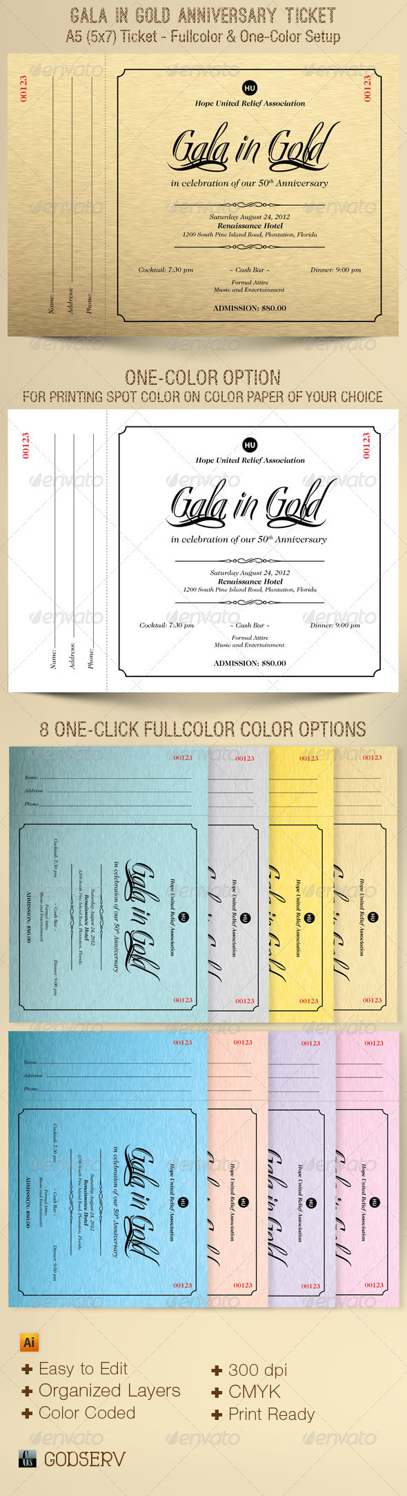 Gala In Gold Anniversary A5 Ticket Template - Miscellaneous Print Templates