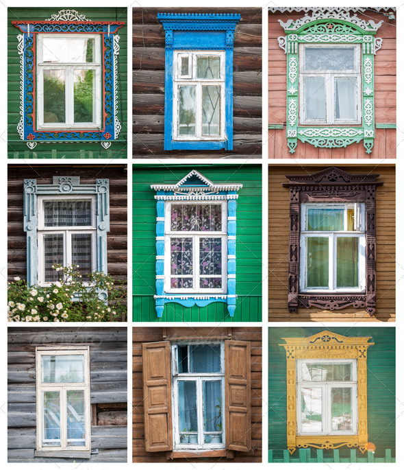 Set of windows of russian houses.