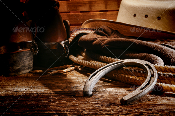 American West Rodeo Cowboy Old Horseshoe and Gear