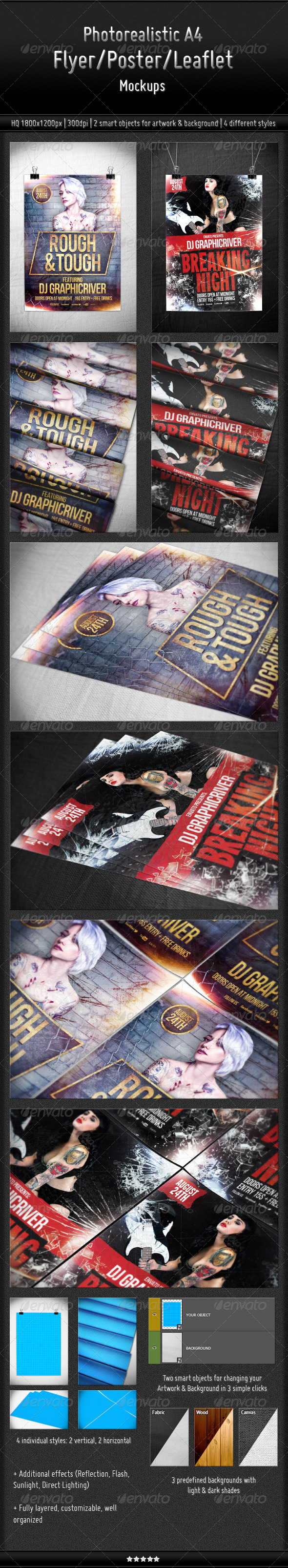 Photorealistic A4 Flyer Poster Leaflet Mockups Photorealistic A4 Flyer Poster Leaflet Mockups