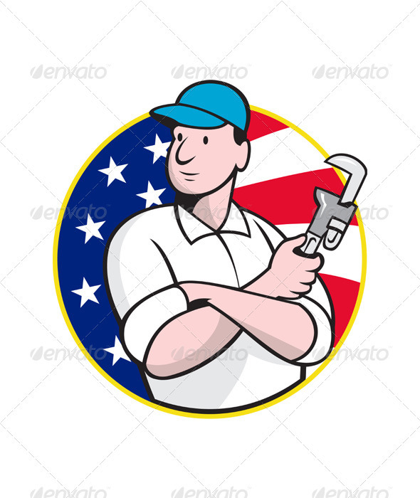 American Plumber Worker With Adjustable Wrench American Plumber Worker With Adjustable Wrench