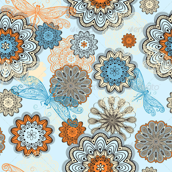 Seamless Pattern with Flowers and Dragonflies Seamless Pattern with Flowers and Dragonflies