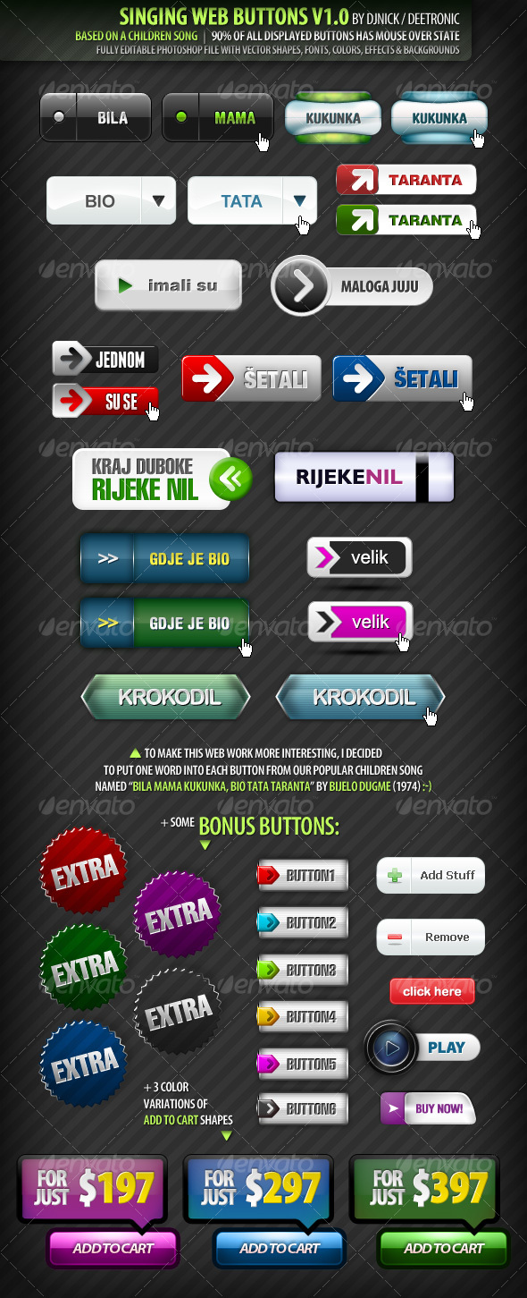44 Singing Web Buttons - editable layered PSD file - Buttons Web Elements