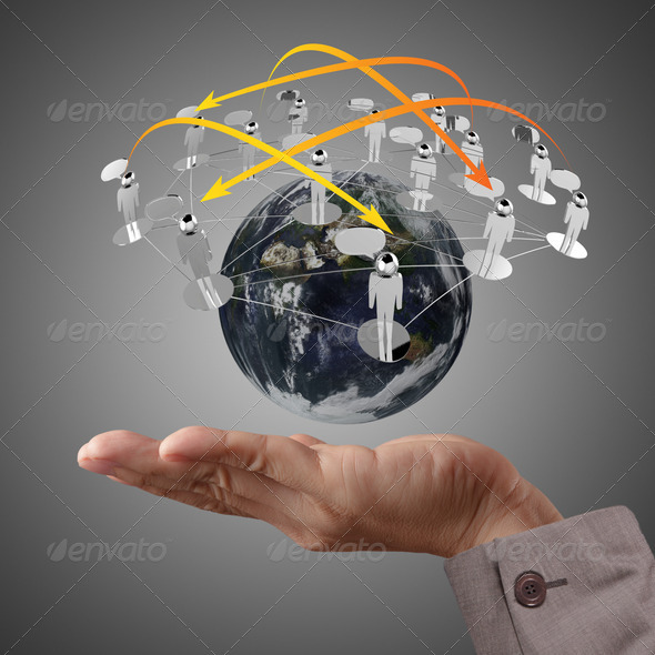 hand holds globe and social network
