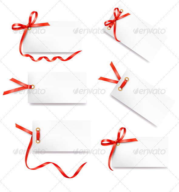 Set of card note with red gift bows with ribbons