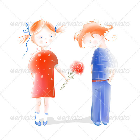 A Little Girl Presenting Flowers to a Boy A Little Girl Presenting Flowers to a Boy