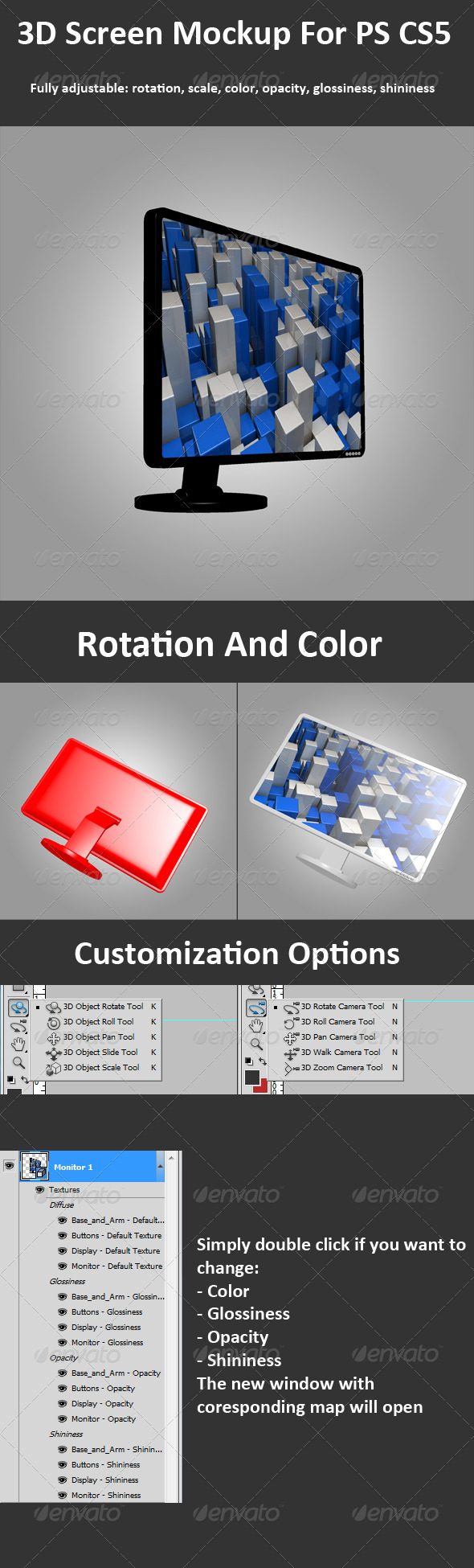 3D Screen-Monitor Mockup For PS CS5 3D Options 3D Screen-Monitor Mockup For PS CS5 3D Options