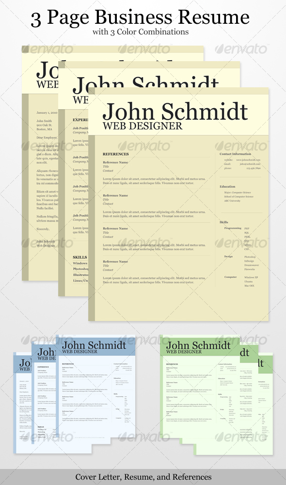 3 Page Business Resume with 3 Color Combinations