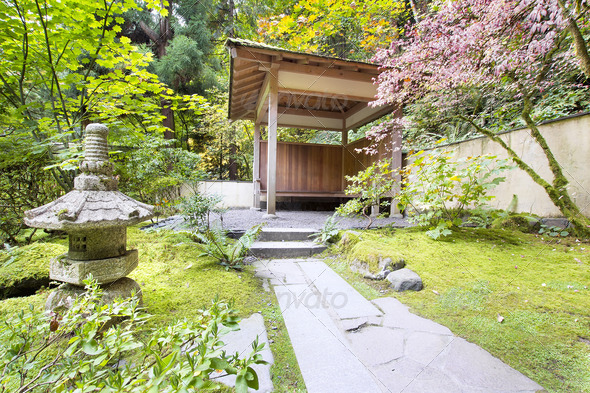 Japanese Garden Tea House with Stone Lantern