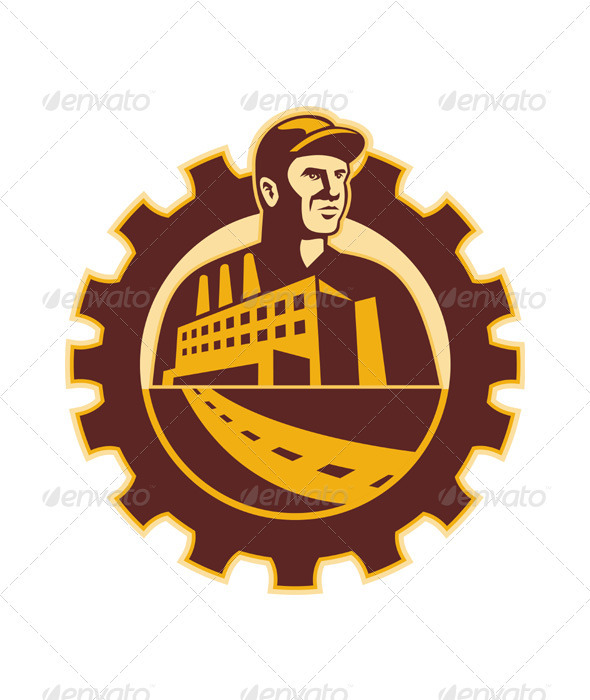 Factory Worker Mechanic With Cog Building Factory Worker Mechanic With Cog Building
