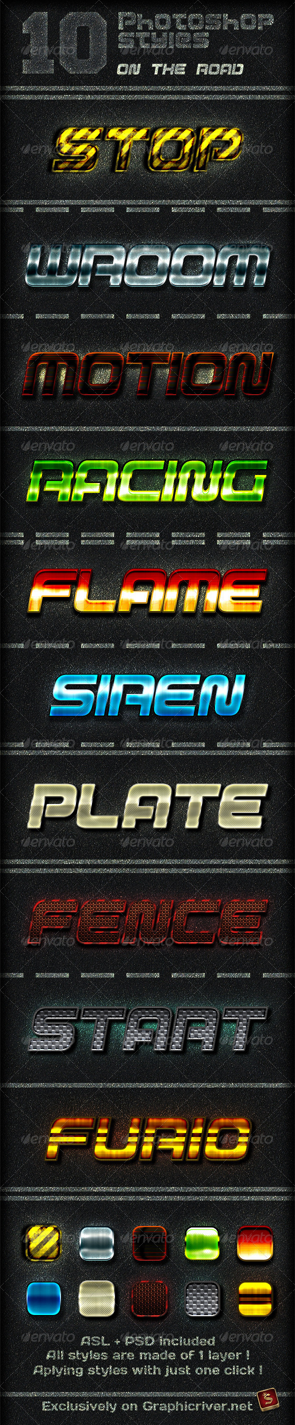 10 Photoshop Layer Styles - On The Road - Text Effects Styles